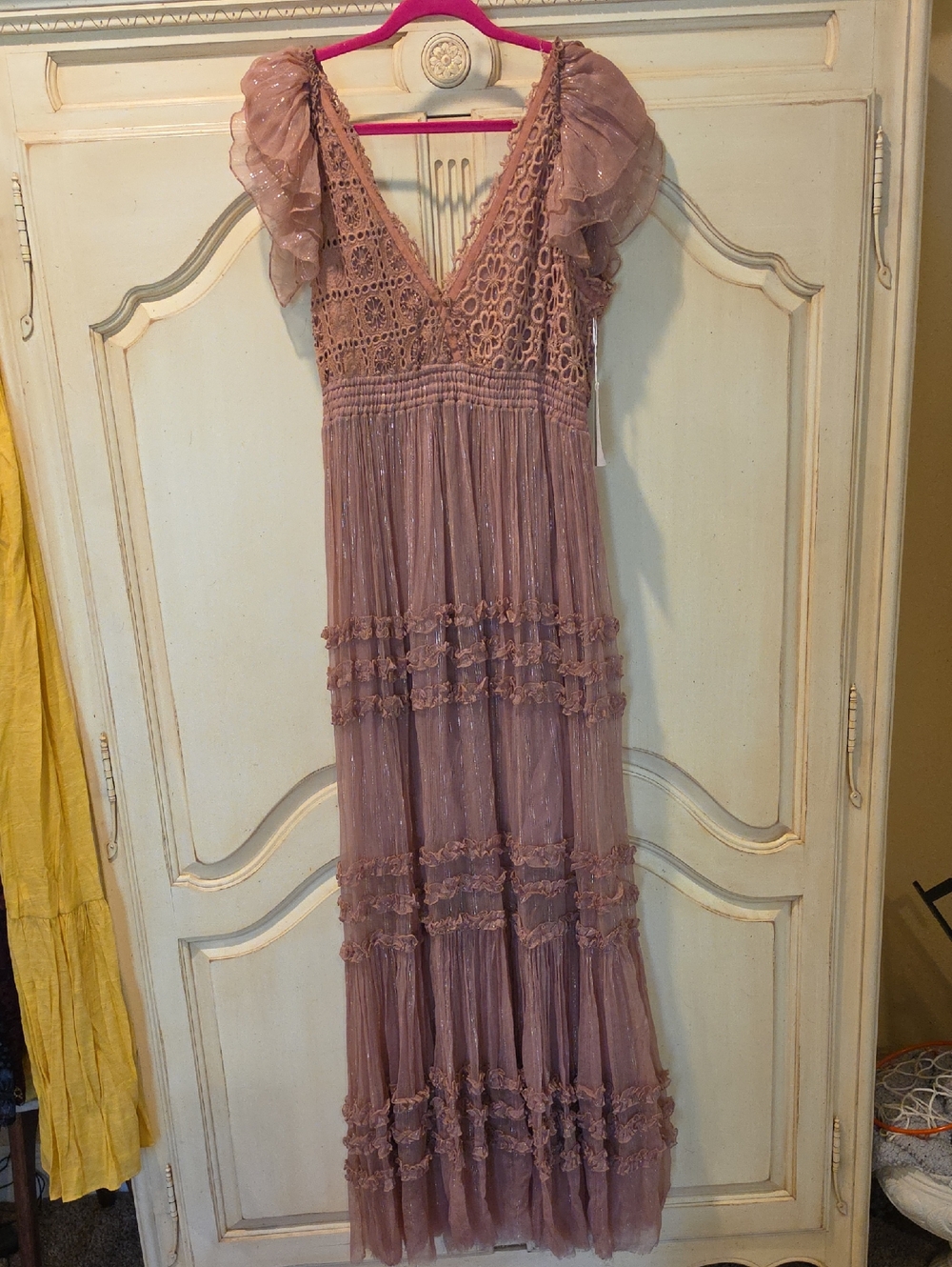 Free People Waterlily Mauve Lace & Ruffle V-Neck Maxi Dress